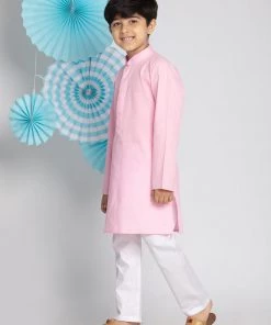 VASTRAMAY Boys' Pink And White Kurta Pyjama Set