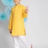 Vastramay Boys' Yellow And White Kurta Pyjama Set