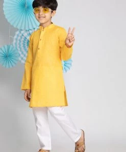 Vastramay Boys' Yellow And White Kurta Pyjama Set