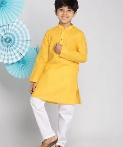Vastramay Boys' Yellow And White Kurta Pyjama Set