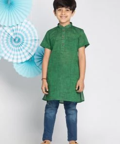 Vastramay Boys' Green Melange Half Sleeve Kurta