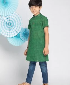 Vastramay Boys' Green Melange Half Sleeve Kurta