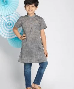 Vastramay Boys' Grey Melange Half Sleeve Kurta