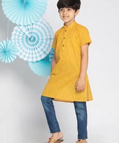 Vastramay Boys' Mustard Yelllow Melange Half Sleeve Kurta