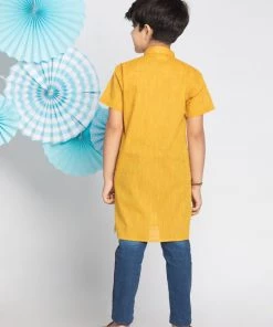 Vastramay Boys' Mustard Yelllow Melange Half Sleeve Kurta