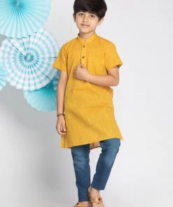 Vastramay Boys' Mustard Yelllow Melange Half Sleeve Kurta