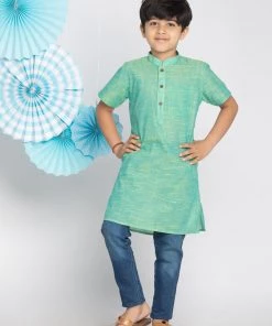 Vastramay Boys' Green Handloom Half Sleeve Kurta