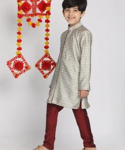 Vastramay Boys' Grey And Maroon Jacquard Kurta Pyjama Set