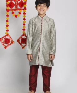 Vastramay Boys' Grey And Maroon Jacquard Kurta Pyjama Set