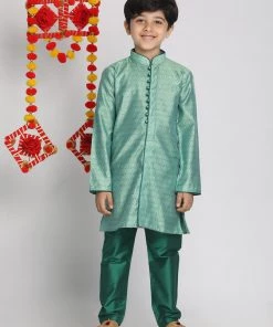 Vastramay Boys' Green Jacquard Kurta Pyjama Set