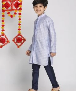 Vastramay Boys' Lavender And Navy Blue Jacquard Kurta Pyjama Set