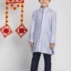 Vastramay Boys' Lavender And Navy Blue Jacquard Kurta Pyjama Set