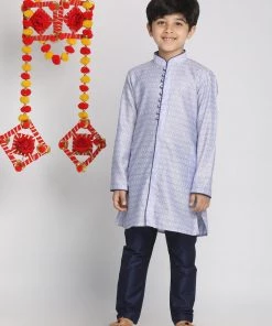 Vastramay Boys' Lavender And Navy Blue Jacquard Kurta Pyjama Set