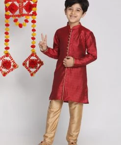 Vastramay Boys' Maroon And Rose Gold Jacquard Kurta Pyjama Set