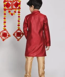 Vastramay Boys' Maroon And Rose Gold Jacquard Kurta Pyjama Set