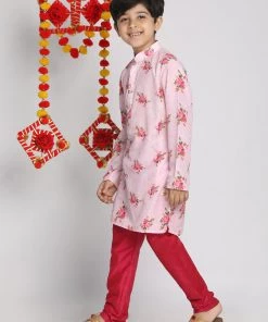 Vastramay Boys' Floral Printed Multicolor-Base-Pink Kurta And Pyjama Set