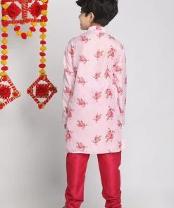 Vastramay Rose Pink Cotton Linen Floral Printed Siblings Set