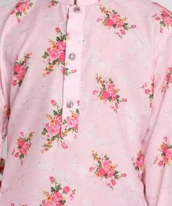 Vastramay Rose Pink Cotton Linen Floral Printed Siblings Set