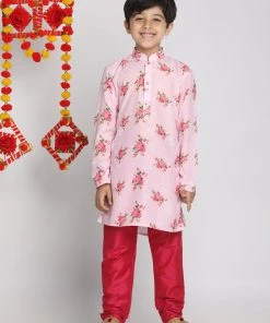 Vastramay Boys' Floral Printed Multicolor-Base-Pink Kurta And Pyjama Set