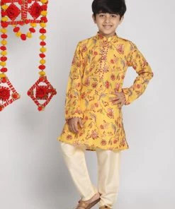 Vastramay Boys' Multicolor-Base-Mustard And Cream Kurta Pyjama Set