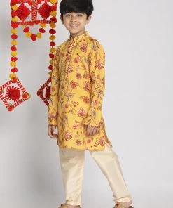 Vastramay Boys' Multicolor-Base-Mustard And Cream Kurta Pyjama Set
