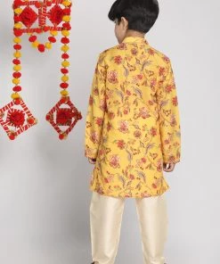 Vastramay Multicolor-Base-Mustard And Cream Baap Beta Kurta And Pyjama Set