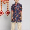 Vastramay Boys' Multicolor-Base-Navy Blue Kurta And Pyjama Set With Leheria Border