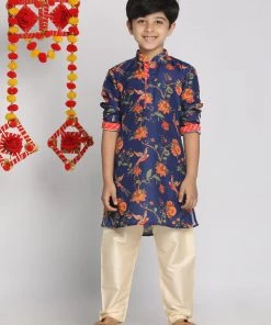 Vastramay Boys' Multicolor-Base-Navy Blue Kurta And Pyjama Set With Leheria Border