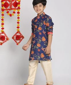 Vastramay Boys' Multicolor-Base-Navy Blue Kurta And Pyjama Set With Leheria Border