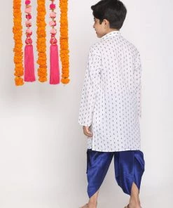 VASTRAMAY Boys' White And Blue Kurta And Dhoti Set