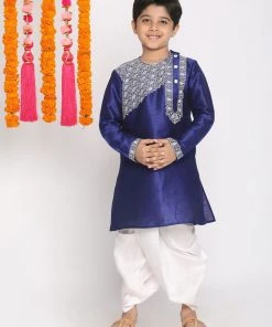 VASTRAMAY Boys' Blue And White Kurta And Dhoti Set