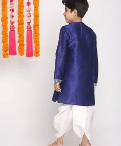 VASTRAMAY Boys' Blue And White Kurta And Dhoti Set