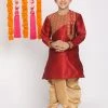 VASTRAMAY Boys' Maroon And Rose Gold Kurta And Dhoti Set
