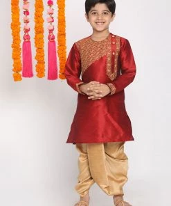 VASTRAMAY Boys' Maroon And Rose Gold Kurta And Dhoti Set