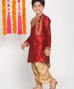 VASTRAMAY Boys' Maroon And Rose Gold Kurta And Dhoti Set