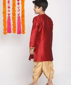 VASTRAMAY Boys' Maroon And Rose Gold Kurta And Dhoti Set