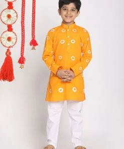 VASTRAMAY Boys' Orange And White Kurta Pyjama Set