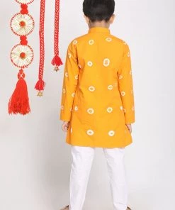 VASTRAMAY Boys' Orange And White Kurta Pyjama Set