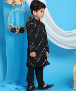 Vastramay Black Color Mirror Work Kurta Pyjama Siblings Set