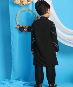 Vastramay Black Color Mirror Work Kurta Pyjama Siblings Set