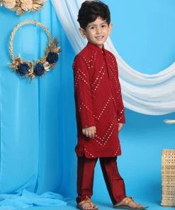 Vastramay Maroon Color Mirror Work Kurta Pyjama Siblings Set 14 Vastramay Maroon Color Mirror Work Kurta Pyjama Siblings Set