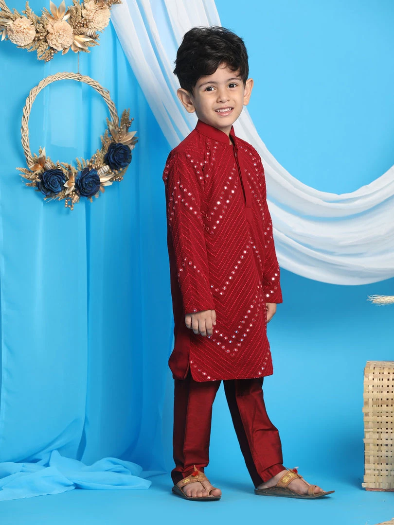 Vastramay Maroon Color Mirror Work Kurta Pyjama Siblings Set 8 Vastramay Maroon Color Mirror Work Kurta Pyjama Siblings Set