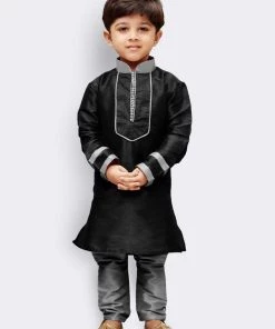 JBN Creation Boys' Black Cotton Silk Kurta And Pyjama Set
