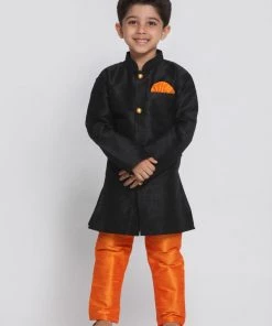 JBN Creation Boys' Black Silk Blend Sherwani