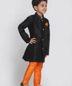 JBN Creation Boys' Black Silk Blend Sherwani