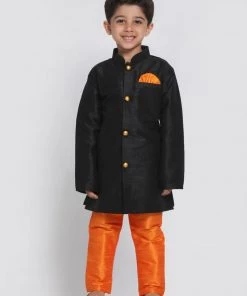 JBN Creation Boys' Black Silk Blend Sherwani