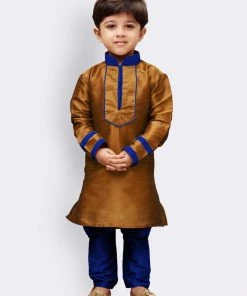JBN Creation Boys' Brown Cotton Silk Kurta And Pyjama Set