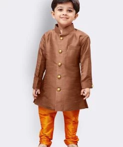 JBN Creation Boys' Brown Silk Blend Sherwani