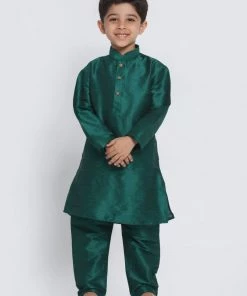 JBN Creation Boys' Green Cotton Silk Blend Kurta And Pyjama Set