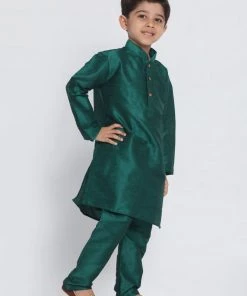 JBN Creation Boys' Green Cotton Silk Blend Kurta And Pyjama Set